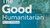 Logo of the Hague Humanitarian Studies Centre's podcast ‘The Good Humanitarian’, with a blue background of a refugee camp.