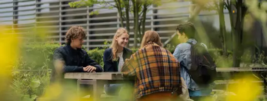 Four students are sitting at a picnic table on the Woudestein campus